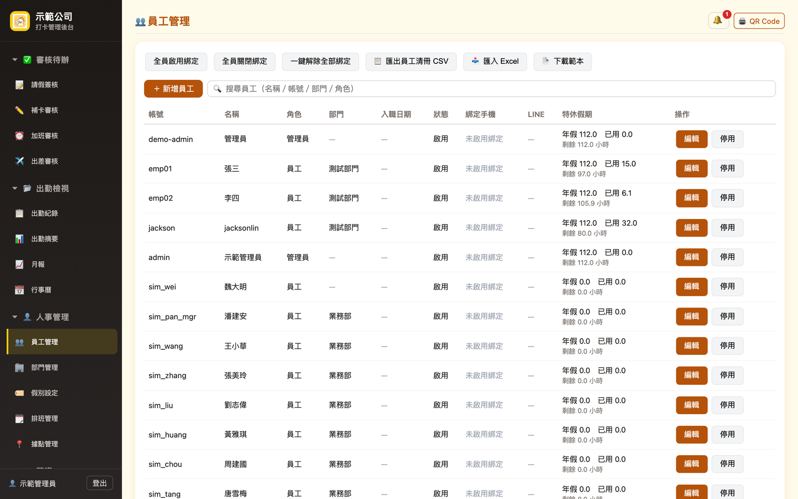 達卡鴨 HR 管理後台：員工管理列表，含角色、部門、特休餘額與裝置認證設定